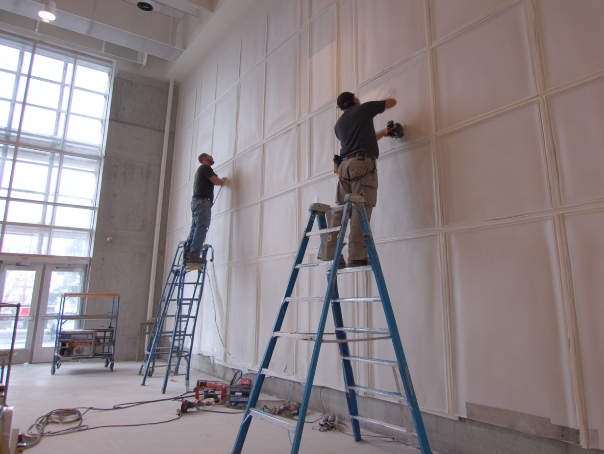 Workers installing acoustic wall panels in a cafeteria